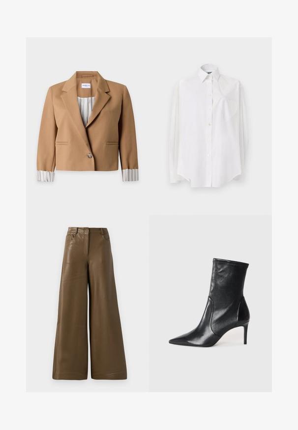Lys brun cropped blazer med en enkelt knap, notch-krave og stribet foer synligt på de optrukne ærmer og indvendigt.; Hvid langærmet skjorte i letvævet stof med klassisk krave, knaplukning og hjerteformet lomme på venstre side.; Breddebenede bukser lavet af glat, brun kunstlæder. Har højt talje, fire lommer og en lynlås foran. Flad tekstur og minimalistisk design.; Sorte ankelstøvler lavet af glat læder, med spids tå, tætsiddende skaft og en slank høj hæl. Minimalistisk design uden synligt hardware.