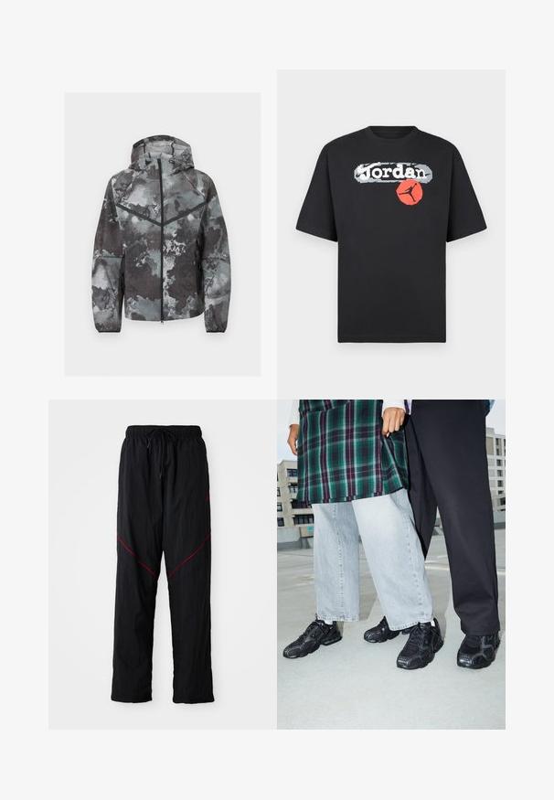 Chaqueta con capucha para hombre con cremallera frontal completa, patrón de camuflaje en tonos grises, detalle de cheurón negro y bolsillos laterales con cremallera.; Camiseta de algodón negra con un audaz logo "Jordan" en blanco, acompañado de un círculo rojo y la silueta negra de una figura saltando. Manga corta.; Pantalones deportivos negros con un acabado texturizado, con cintura ajustable con cordón, líneas de acento rojas y un corte holgado.; Zapatillas deportivas negras con acentos de malla y goma. Combinadas con jeans de pierna ancha de color gris claro y una blusa de cuadros verdes. Fondo de superficie plana.