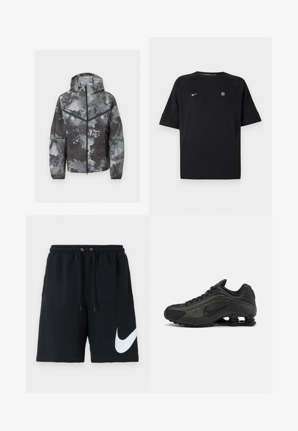 Pánska bunda s kapucňou s celoprepínacím zipsom na prednej strane, maskáčový vzor v odtieňoch sivej, čierny chevron detail a bočné vrecká so zipsom.; Čierne športové tričko Nike s krátkym rukávom a bielym logom swoosh na ľavej strane hrude a malým štvorcovým emblémom na pravej strane hrude, jednofarebné pozadie.; Čierne bavlnené šortky s elastickým pásom, šnúrkou, bočnými vreckami a veľkým bielym logom Nike potlačeným na ľavej strane.; Čierne bežecké topánky s hladkým syntetickým zvrškom, perforovanými akcentmi, textúrovanými bočnými panelmi a výraznou pružnou podrážkou.