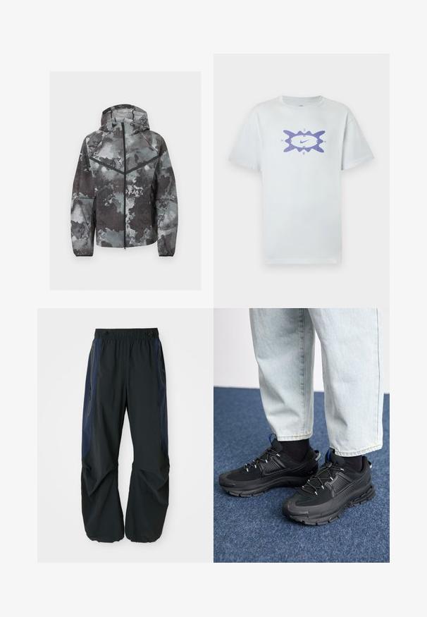Herre hættetrøje med fuld lynlås foran, camouflage mønster i nuancer af grå, sort chevron detalje og lynlåslommer i siderne.; Hvid bomuldst-shirt med en løs pasform, med et lilla grafisk motiv i midten, omgivet af en bølget kontur. Korte ærmer.; Sorte udendørsbukser med en afslappet pasform, udstyret med elastisk talje, marineblå sidepaneler og lynlåslommer på begge sider.; Sorte træningssko med tekstureret stof og gummisåler, udstyret med elastiske snørebånd og en blå detalje på hælen. Bæres med lyse denimbukser.