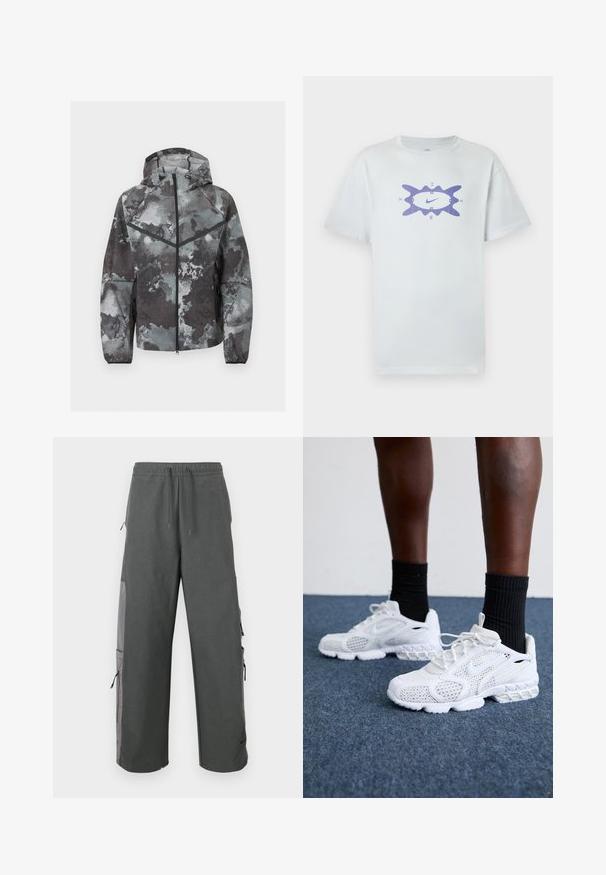 Herre hættetrøje med fuld lynlås foran, camouflage mønster i nuancer af grå, sort chevron detalje og lynlåslommer i siderne.; Hvid bomuldst-shirt med en løs pasform, med et lilla grafisk motiv i midten, omgivet af en bølget kontur. Korte ærmer.; Mørkegrå cargobukser med elastik i taljen, snøre, sidelommer og mesh-detaljer, med en løs og afslappet pasform.; Hvide atletik-sko med mesh-overdel, teksturerede accenter og polstret sål. Parret med sorte ribbede ankelstrømper på en blå tæppebelagt overflade.