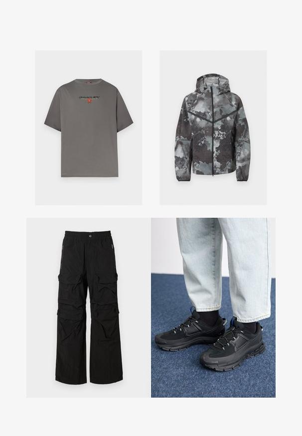 Veste à capuche pour homme avec fermeture éclair intégrale à l'avant, motif camouflage en nuances de gris, détail chevron noir et poches latérales zippées.; T-shirt gris à manches courtes avec le logo "OAKLEY" et un petit graphisme rouge centré sur la poitrine, présenté sur un fond blanc uni.; Pantalons cargo noirs avec une taille élastique, plusieurs grandes poches et des poches latérales zippées. Fabriqués en tissu léger et texturé.; Des chaussures de sport noires avec un tissu texturé et des semelles en caoutchouc, dotées de lacets élastiques et d'un accent bleu au talon. Portées avec un pantalon en denim clair.