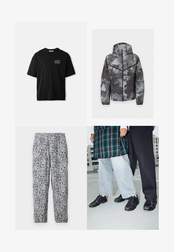 Herren-Kapuzenjacke mit durchgehendem Frontreißverschluss, Camouflage-Muster in Grautönen, schwarzes Chevron-Detail und seitliche Reißverschlusstaschen.; Schwarzes Kurzarm- Baumwoll-T-Shirt mit Rundhalsausschnitt und einem weißen Logo "XTC VERTERE" auf der linken Brustseite. Glatte Textur.; Weiße Hosen mit elastischem Bund, schwarzem unregelmäßigem Sprenkelmuster und elastischen Bündchen, die vor einem einfarbigen Hintergrund hängen.; Schwarze Sportschuhe mit Mesh- und Gummielementen. Kombiniert mit hellgrauen weiten Jeans und einem karierten grünen Oberteil. Flacher Hintergrund.