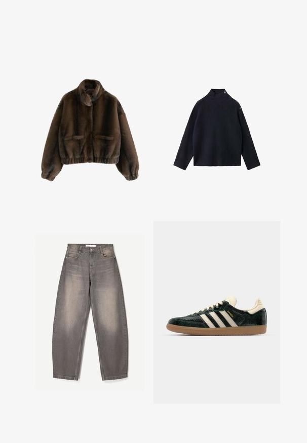 Brun faux fur cropped jakke med høj krave, elastisk talje og to forlommer. Blød, fluffy tekstur og afslappet pasform.; Marineblå ribstrikket rullekravesweater med høj krave, tre metal trykknapper på skulderen og løstsiddende ærmer.; Bredde ben grå jeans lavet af denim, med subtil falmning, fem-lomme design, bæltestropper og en knaplukning i taljen.; adidas Originals SAMBA OG - Sneakers - cream white/collegiate green