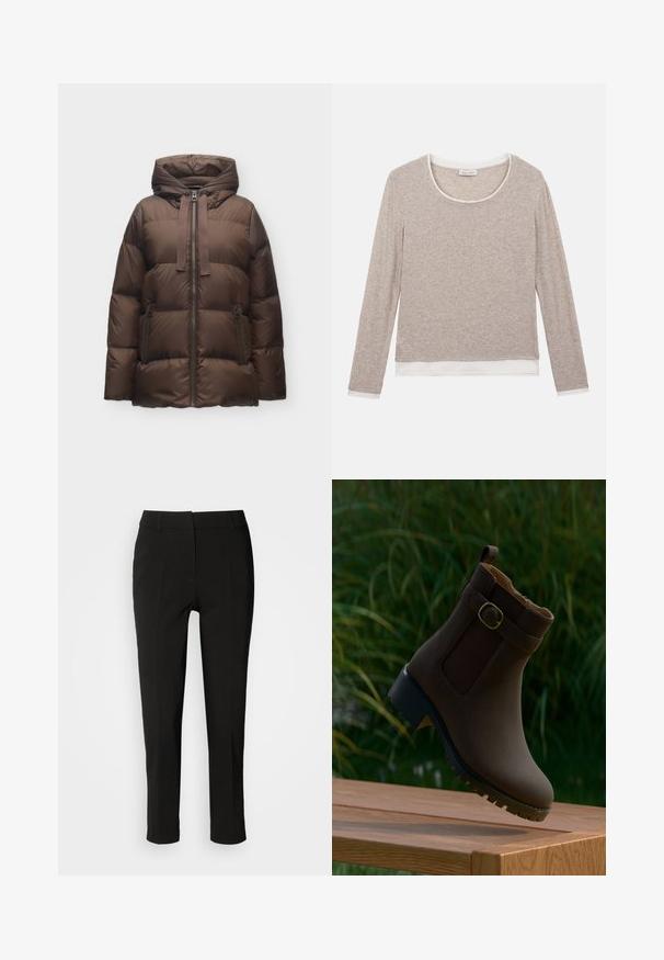 Veste d'hiver matelassée marron avec capuche, fermeture éclair devant, cordon de serrage et deux poches latérales zippées sur un fond uni.; Haut beige à manches longues à superposition avec bordure blanche à l'encolure, aux poignets et à l'ourlet, confectionné dans un tissu doux et léger.; Pantalons noirs ajustés avec une coupe slim, devant plat et sans poches visibles, offrant une texture lisse et une finition soignée au bas.; Botte marron à la cheville avec détail de boucle et semelle robuste flottant au-dessus d'une surface en bois avec des plantes vertes en arrière-plan.