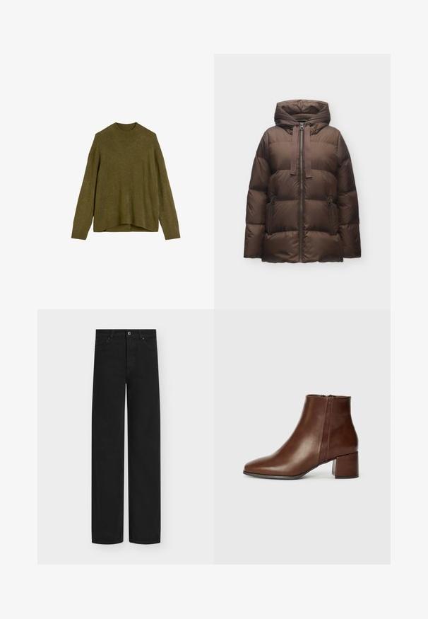 Veste d'hiver matelassée marron avec capuche, fermeture éclair devant, cordon de serrage et deux poches latérales zippées sur un fond uni.; Pull en tricot vert olive avec un col rond côtelé, des épaules tombantes et une coupe ample. L'ourlet est légèrement plus long à l'arrière.; Jean noir à jambes larges en denim, avec fermeture à boutons et cinq poches. Texture lisse avec un design épuré et minimaliste.; Bottes en cuir marron à hauteur de cheville avec un bout pointu et un talon bloc. Équipées d'une fermeture éclaire sur le côté et d'une texture lisse avec peu de détails de couture.