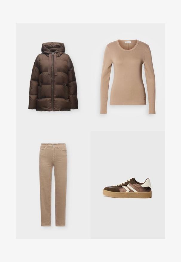 Bruine gewatteerde winterjas met capuchon, ritssluiting aan de voorkant, trekkoord en twee ritssluitingen aan de zijkanten op een effen achtergrond.; Langwerpige top in lichtbeige, met een ronde halslijn en een slim fit. Gemaakt van zachte, rekbare stof met een subtiele textuur. Klein logo-detail op de zoom.; Beige corduroy broek met voorzakken, riemlussen en een knoopsluiting, afgebeeld tegen een effen lichte achtergrond.; Bruine en crèmekleurige sneakers van een combinatie van suede en satijn, met drie diagonale strepen en een gestructureerde gumrubberen zool.