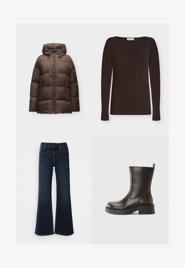 Chaqueta de invierno acolchada marrón con capucha, cremallera frontal, cordón y dos bolsillos laterales con cremallera sobre un fondo liso.; Camiseta de manga larga de color marrón oscuro con cuello redondo, confeccionada con tela ligera, con un corte ajustado y sin patrones ni decoraciones visibles.; Mos Mosh HERA - Vaqueros a campana - dark blue; Botín de piel marrón oscuro que llega hasta la mitad de la pantorrilla, con puntera redonda, suela negra gruesa, tacón bajo y una lengüeta en la parte posterior.