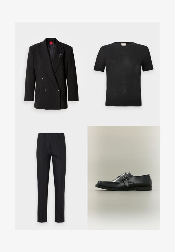Blazer noir croisé à gros boutons, revers à crans et doublure texturée. Comprend une épingle décorative sur le revers.; T-shirt noir à manches courtes en tissu léger et texturé. Col rond avec une finition côtelée subtile aux manches et à l'ourlet.; Pantalons noirs ajustés avec une coupe slim, devant plat et deux poches arrière. Fabriqués en tissu lisse avec un subtil détail de couture le long des coutures.; Chaussure habillée en cuir noir avec une boucle latérale et des détails de couture, vue de profil sur un fond neutre.