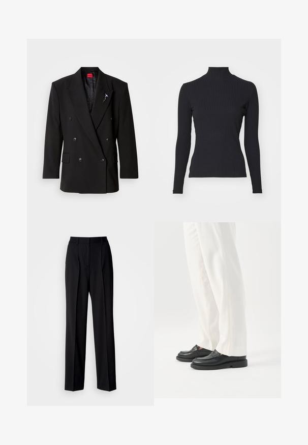 Dobbeltradet sort blazer med store knapper, hakkede revers og en tekstureret foring. Har en dekorativ nål på reversen.; Sort ribbet turtle-sweater med lange ærmer. Lavet af strækbart stof med en tætsiddende pasform og høj krave. Enkel design uden udsmykninger.; Sorte skræddersyede bukser med høj talje, plisseringer og en vid benform. Fremstillet af glat stof med fladt foran og bæltestropper.; Person iført hvide skræddersyede bukser og sorte læder loafers stående på hvid baggrund.
