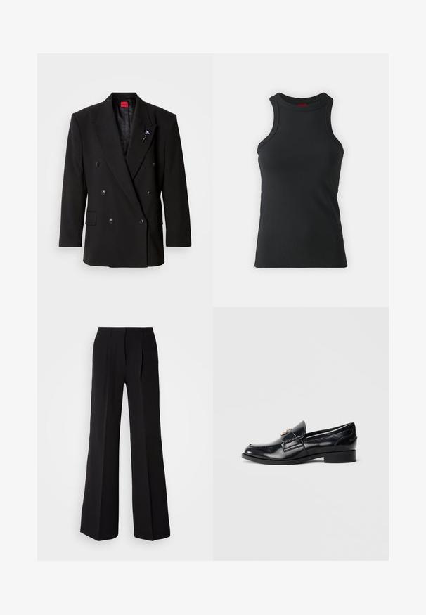 Blazer noir croisé à gros boutons, revers à crans et doublure texturée. Comprend une épingle décorative sur le revers.; Débardeur sans manches noir en tissu extensible. Présente un col rond et une silhouette ajustée avec des détails de couture minimaux.; Pantalons noirs en tissu lisse, avec une taille haute, une coupe évasée et deux plis sur le devant pour un détail de conception supplémentaire.; Mocassin en cuir noir brillant avec petit talon et emblème métallique décoratif sur le cou-de-pied, présenté de profil sur fond blanc.