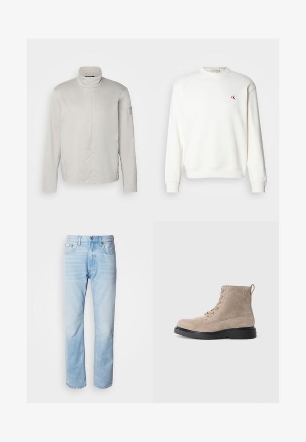 Lichtgrijze, lange mouwen jas met hoge kraag, gladde textuur, sluiting aan de voorkant en subtiele branding op de mouw. Minimalistisch ontwerp.; Witte crewneck sweatshirt van katoen, met een klein rood "ck" logo op de borst, ribbelboorden en een ribbelzoom. Eenvoudige, gladde textuur.; Lichtblauwe denim jeans met een rechte pijp, met vervaagde delen, vijf-pocket ontwerp en een klassieke knoopsluiting.; Beige suède enkellaarsjes met zwarte rubberen zool, vetersluiting en een klein logo dat aan de zijkant is gedrukt, voorzien van een trekloop aan de achterkant.