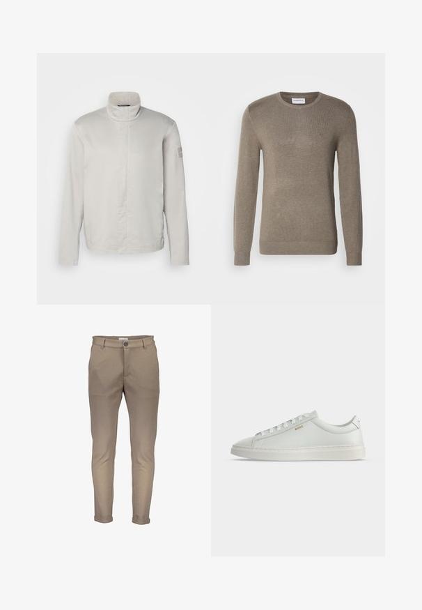Veste longue à manches longues gris clair avec col haut, texture lisse, fermeture avant et logo discret sur la manche. Design minimaliste.; Pull en coton couleur khaki, fabriqué en maille douce, avec un col rond, des manches longues et un logo brodé subtil sur la poitrine.; Pantalon beige en mélange de coton, coupe slim, doté d'une fermeture par bouton, de passants pour ceinture et de revers roulés. Texture lisse avec des coutures nettes.; Baskets basses blanches en cuir avec lacets, semelle plate et petit logo doré "BOSS" sur le côté, vues de l'extérieur.