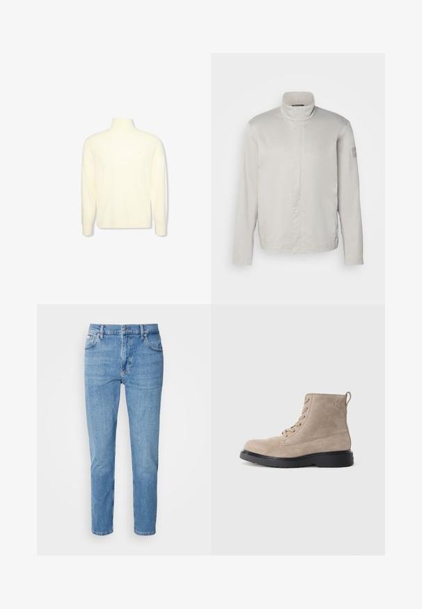 Chaqueta de manga larga gris claro con cuello alto, textura suave, cierre frontal y un sutil logo en la manga. Diseño minimalista.; Suéter cuello alto de manga larga color crema con puños acanalados y un sutil logo en el pecho, mostrado sobre un fondo blanco liso.; Vaqueros de mezclilla azul claro con corte recto, diseño de cinco bolsillos y un sutil desgastado. Presentan un cierre de botón y pasadores para cinturón.; Botines de ante beige con suela de goma negra, diseño con cordones y un pequeño logotipo grabado en el lateral, que cuenta con una lengüeta en la parte posterior.