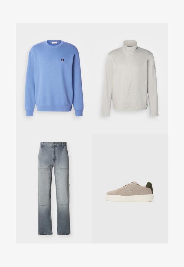 Chaqueta de manga larga gris claro con cuello alto, textura suave, cierre frontal y un sutil logo en la manga. Diseño minimalista.; Sudadera de cuello redondo azul claro, hecha de material suave, con puños y dobladillo acanalados, y un pequeño parche de logo en la parte superior izquierda.; Pantalones de mezclilla gris de cintura alta con grandes parches rectangulares en las rodillas y corte de pierna ancha, con bolsillos frontales y cierre de botón.; Zapatillas de piel de ante beige con suela de goma blanca, que presentan un acento en el talón de color verde oscuro y un sutil logo en el lateral.