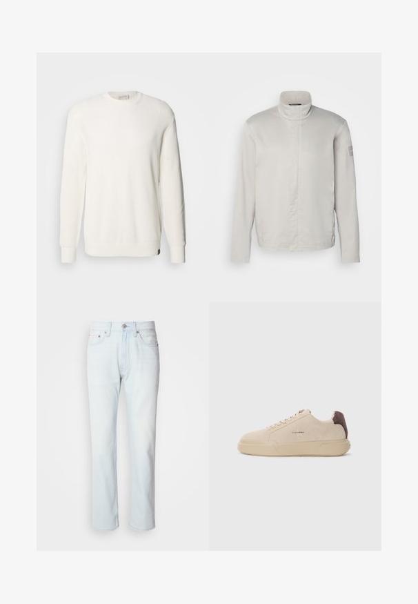 Lys grå, langærmet jakke med høj krave, glat tekstur, lukning foran og subtil branding på ærmet. Minimalistisk design.; Calvin Klein Jeans CREW - Striktrøje - tofu; Lyseblå denimjeans med lige ben. Har en knaplukning og bæltestropper, viser en falmet tekstur og minimal syning.; Beige ruskind sneakers med rund tå, snørret foran og en brun ruskindsdetalje på hælen. Har en tekstureret gummisål.