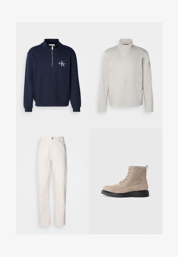 Hellegrauer, langärmeliger Mantel mit hohem Kragen, glatter Textur, Frontverschluss und dezentem Branding am Ärmel. Minimalistisches Design.; Navyblaues, Reißverschluss-Sweatshirt aus weichem Stoff, mit hohem Kragen, gerippten Bündchen und einem Logo auf der Brust in kontrastierenden Farben.; Weiße Denim-Jeans mit geradem Bein, Knopf- und Reißverschluss, Gürtelschlaufen sowie Vorder- und Hintertaschen, auf einfarbigem Hintergrund gezeigt.; Beige Wildleder-Ankle Boots mit schwarzer Gummisohle, Schnürdesign und kleinem, seitlich eingeprägtem Logo, ausgestattet mit einer Zuglasche am Hinterkopf.