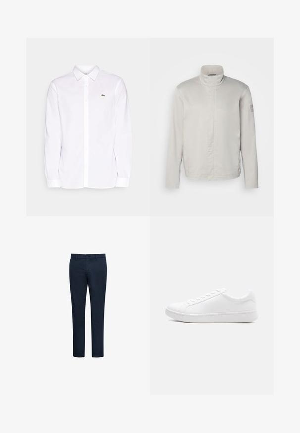 Helehall, pika varrukaga jakk kõrge kraega, sile tekstuur, esine sulgemine ja peene bränding varrukal. Minimalistlik disain.; Valge pika käiga puuvillane särk, millel on nööpidega krae, vasakul rinnal roheline broderi logo ja sirged mansetid.; Tumesinised chino-püksid, millel on sile tekstuur, kitsas lõige, vööaasad, esikotid ja nööpkinnitus. Puhtad jooned ja minimaalne detailirohkus.; Valge madala säärega tennisking, millel on paelaga sulgemine, sile nahast pealsosa ja paks kummist tald, küljelt nähtav ühtlasel taustal.