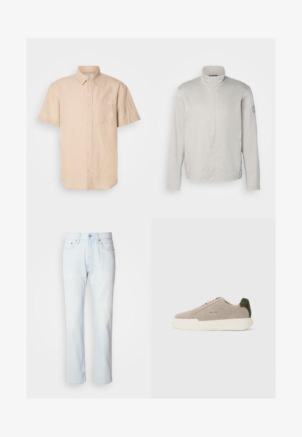 Chaqueta de manga larga gris claro con cuello alto, textura suave, cierre frontal y un sutil logo en la manga. Diseño minimalista.; Camisa de botones de manga corta en color beige, hecha de algodón, con un bolsillo frontal y un pequeño parche con logo en el lado izquierdo.; Jeans de mezclilla azul claro con corte recto. Cuentan con un cierre de botón y pasadores para cinturón, mostrando una textura desgastada y costuras mínimas.; Zapatillas de piel de ante beige con suela de goma blanca, que presentan un acento en el talón de color verde oscuro y un sutil logo en el lateral.