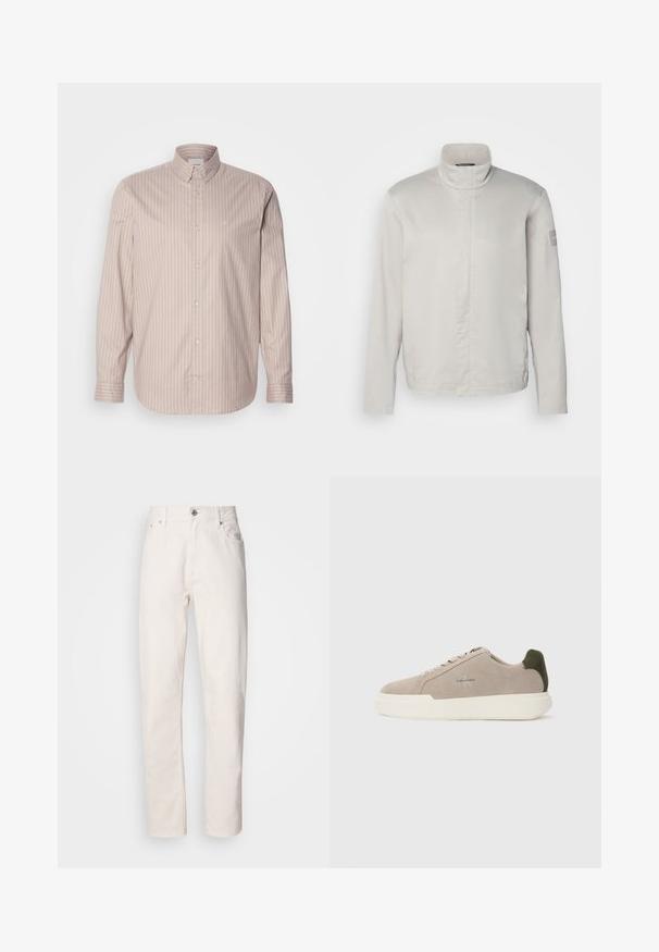 Lys grå, langærmet jakke med høj krave, glat tekstur, lukning foran og subtil branding på ærmet. Minimalistisk design.; Beige langærmet skjorte med knaplukning og hvide lodrette striber, spids krave og et lille broderet logo på brystet.; Hvide denim jeans med lige ben, med knap- og lynlåslukning, bæltestropper samt for- og baglommer, præsenteret på en ensfarvet baggrund.; Beige ruskinds sneakers med en hvid gummisål, der har en mørkegrøn hælaccent og subtil branding på siden.