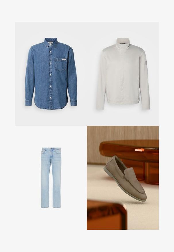 Hellegrauer, langärmeliger Mantel mit hohem Kragen, glatter Textur, Frontverschluss und dezentem Branding am Ärmel. Minimalistisches Design.; Jeanshemd in Mittelblau mit Button-Down-Kragen, langen Ärmeln, Brusttasche und weißen Knöpfen. Verfügt über einen leicht gebogenen Saum.; Hellblaue Straight-Leg-Jeans aus Denim mit vorderem Knopf, Reißverschluss und Fünf-Taschen-Design, gezeigt auf weißem Hintergrund.; Beiger Wildleder-Slipper mit sichtbarer Naht und heller Sohle, auf einem cremefarbenen Teppich platziert, mit orange-transparenten Möbeln im Hintergrund.