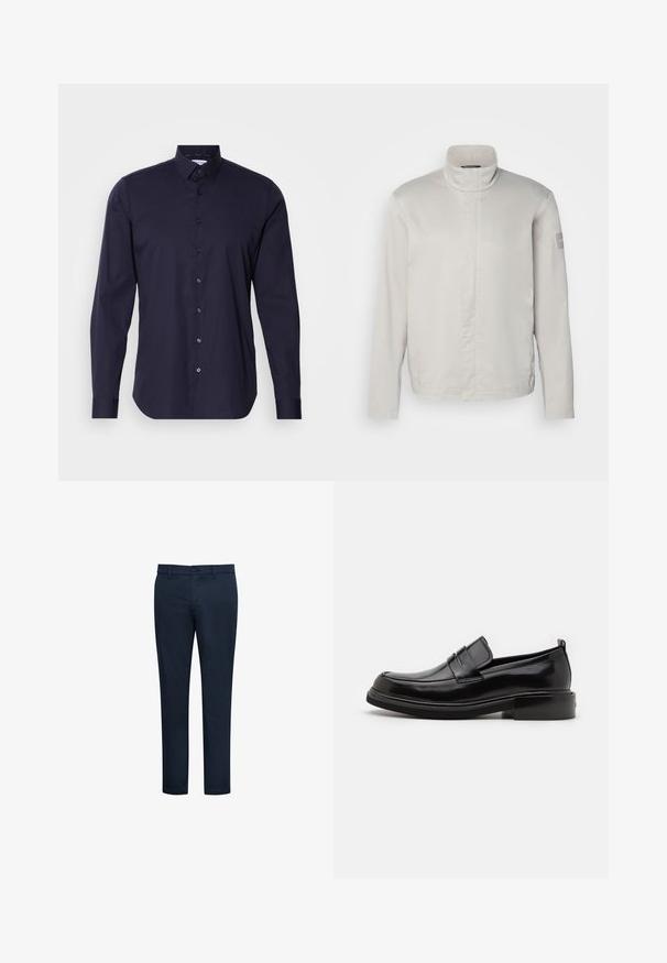 Lichtgrijze, lange mouwen jas met hoge kraag, gladde textuur, sluiting aan de voorkant en subtiele branding op de mouw. Minimalistisch ontwerp.; Marineblauwe overhemd met lange mouwen, klassieke kraag en een slanke pasvorm. Gemaakt van een gladde stof met een subtiele logo op de borst.; Donker marineblauwe slim-fit herensbroek met riemlussen, voorste knoop- en ritssluiting, weergegeven tegen een witte achtergrond.; Calvin Klein MOCCASIN - Zakelijke loafers - black