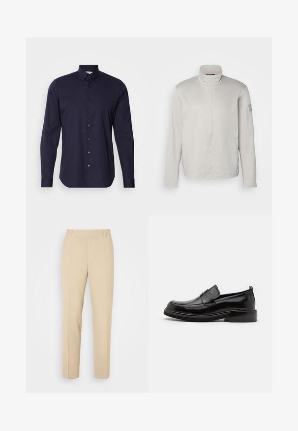 Hellegrauer, langärmeliger Mantel mit hohem Kragen, glatter Textur, Frontverschluss und dezentem Branding am Ärmel. Minimalistisches Design.; Dunkelblaue Button-Down-Bluse mit langen Ärmeln, klassischem Kragen und schlanker Passform. Aus glattem Stoff mit einem dezenten Logo auf der Brust.; Beige maßgeschneiderte Hosen mit geradem Bein, aus leichtem Stoff, mit zwei vorderen Taschen und ordentlich gebügelten Falten.; Calvin Klein MOCCASIN - Business-Slipper - black