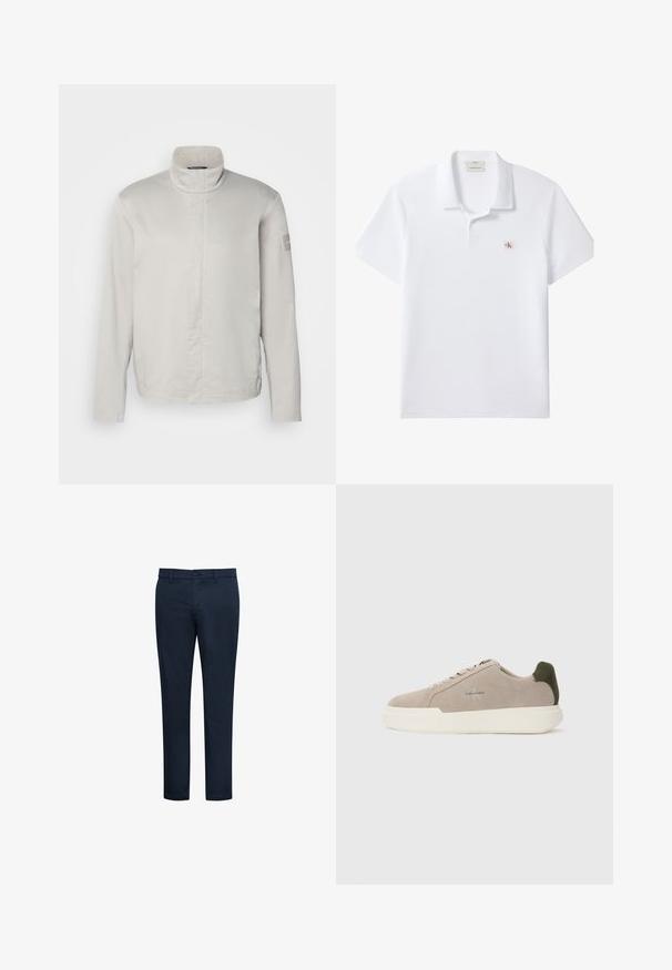 Chaqueta de manga larga gris claro con cuello alto, textura suave, cierre frontal y un sutil logo en la manga. Diseño minimalista.; Polo blanco de manga corta con cuello, tapeta de dos botones y pequeño parche con el logo de Calvin Klein en el pecho izquierdo.; Pantalones chinos azul marino con textura suave, corte ajustado, trabillas para cinturón, bolsillos frontales y cierre con botón. Diseño limpio y detalles mínimos.; Zapatillas de piel de ante beige con suela de goma blanca, que presentan un acento en el talón de color verde oscuro y un sutil logo en el lateral.