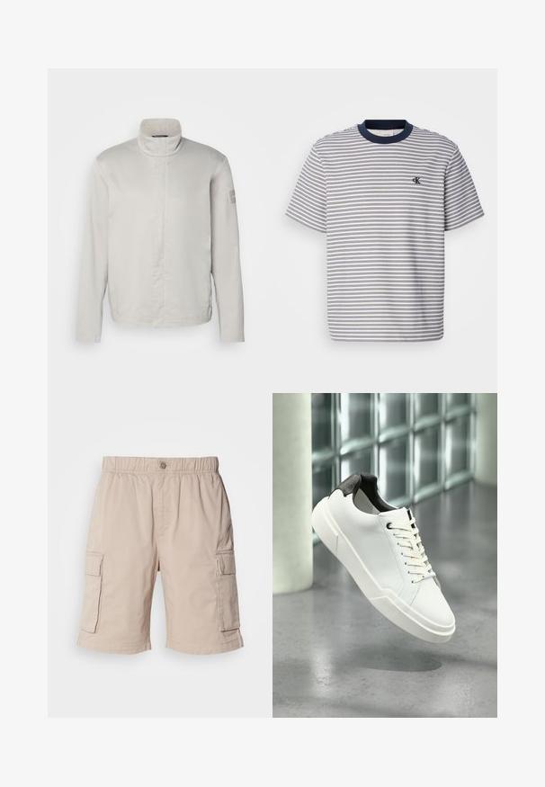 Lys grå, langærmet jakke med høj krave, glat tekstur, lukning foran og subtil branding på ærmet. Minimalistisk design.; Strikket bomulds T-shirt med marineblå krave og ærmer, der har horisontale blå og hvide striber; lille broderet logo på brystet.; Beige cargo shorts med elastisk talje, knaplukning, to sidelommer og ekstra lommer på lårene. Letvægtsstof.; Hvid lav tå-sneaker med sort struktureret hælfane, hvide snørebånd og tyk sål på en poleret betongulv nær glasblokke.
