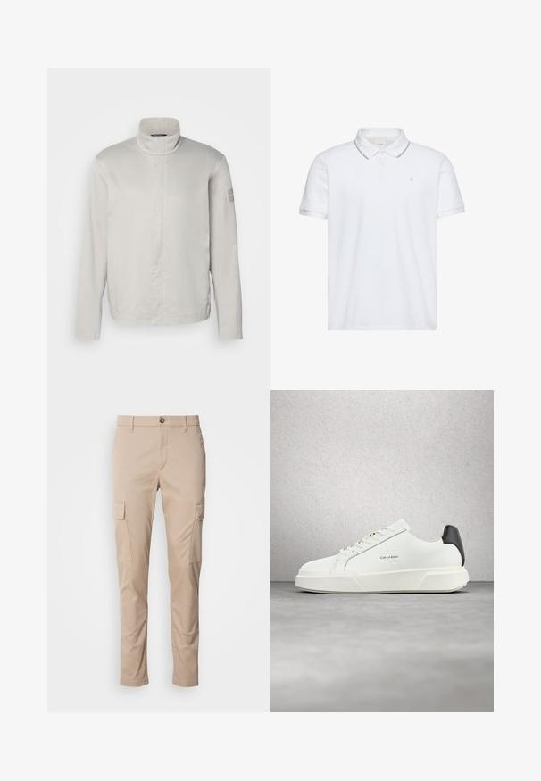 Veste longue à manches longues gris clair avec col haut, texture lisse, fermeture avant et logo discret sur la manche. Design minimaliste.; Polo blanc à manches courtes avec une patte de boutonnage à deux boutons, bordure grise au col et aux poignets, et petit logo "ck" brodé sur la poitrine.; Pantalons cargo beiges avec deux poches latérales, coupe ajustée, fabriqués en tissu léger, dotés d'une fermeture à bouton sur le devant et de passants de ceinture.; Baskets blanches avec une tige en cuir lisse, des lacets plats et une semelle blanche surélevée. Présente un accent noir au talon et un logo embossé.