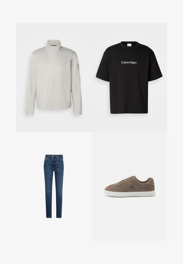 Lys grå, langærmet jakke med høj krave, glat tekstur, lukning foran og subtil branding på ærmet. Minimalistisk design.; Sort bomulds T-shirt med korte ærmer, der har et hvidt "Calvin Klein" logo på fronten og en klassisk rund halsudskæring.; Mørkeblå slim fit jeans med forrest knap- og lynlåsmed lukning, fem lommer og synlige syninger på hvid baggrund.; Taupe ruskind lavtop sneaker med beige snørebånd, hvid gummisål og subtil "cK" logo på siden.
