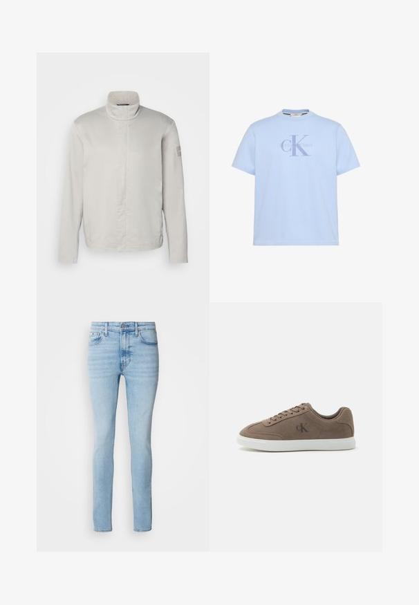 Hellegrauer, langärmeliger Mantel mit hohem Kragen, glatter Textur, Frontverschluss und dezentem Branding am Ärmel. Minimalistisches Design.; Hellblaues T-Shirt mit kurzen Ärmeln und großem Calvin Klein „cK“-Logo auf der Brust.; Calvin Klein Jeans Jeans Skinny Fit - arrow stone; Taupefarbener Wildleder-Low-Top-Sneaker mit beigen Schnürsenkeln, weißer Gummisohle und dezentem "cK"-Logo an der Seite.