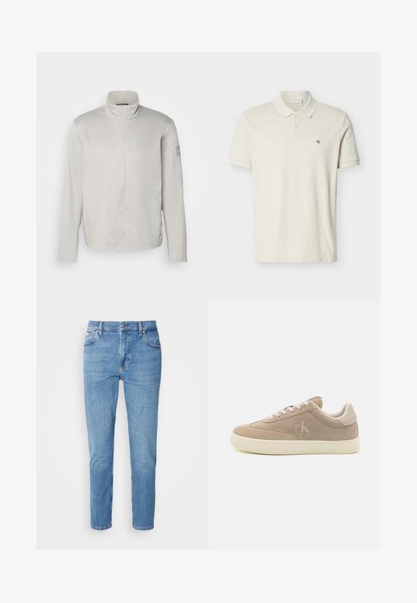 Chaqueta de manga larga gris claro con cuello alto, textura suave, cierre frontal y un sutil logo en la manga. Diseño minimalista.; Polo de manga corta color blanco hueso con cuello, dos botones delanteros y pequeño logo "cK" en el pecho izquierdo.; Vaqueros de mezclilla azul claro con corte recto, diseño de cinco bolsillos y un sutil desgastado. Presentan un cierre de botón y pasadores para cinturón.; Zapatillas de ante beige con un acabado texturizado, cordones blancos y suela crema. Presentan un sutil logotipo "ck" en el lateral y una marca en el talón.