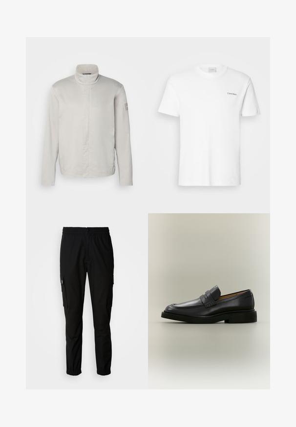 Lys grå, langærmet jakke med høj krave, glat tekstur, lukning foran og subtil branding på ærmet. Minimalistisk design.; Hvid bomulds T-shirt med korte ærmer og rund halsudskæring. Har et lille sort "Calvin Klein" logo på venstre bryst.; Sorte cargo bukser lavet af stof, med elastisk talje, knaplukning og flere sidelommer med klapper.; Sort læder herreloafer med lav hæl og en remdetalje over vristen, vist i profil på en neutral baggrund.