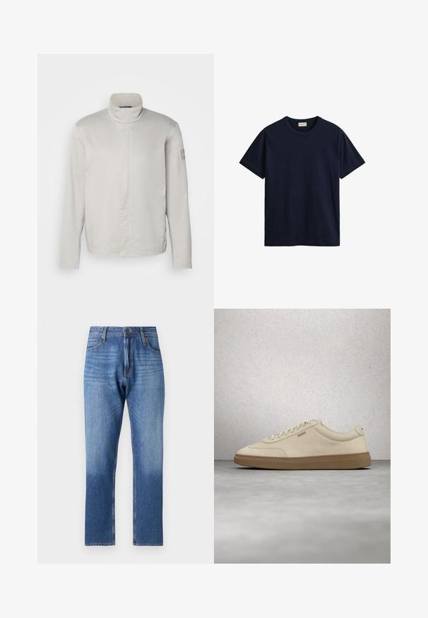 Hellegrauer, langärmeliger Mantel mit hohem Kragen, glatter Textur, Frontverschluss und dezentem Branding am Ärmel. Minimalistisches Design.; Marineblaues Baumwoll-T-Shirt mit kurzen Ärmeln und Rundhalsausschnitt, mit kleinem Markenetikett im Kragen.; Blaue Jeans aus Denim mit einem allmählichen Aufhellungseffekt Richtung Saum, gerades Bein Design, fünf Taschen und Metallknopfverschluss.; Hellbeiger Wildledersneaker mit Gummisohle, auffälligen Schnürsenkeln und dezenten Nahtdetails. Sauberes Design mit minimalistischem Ästhetik.