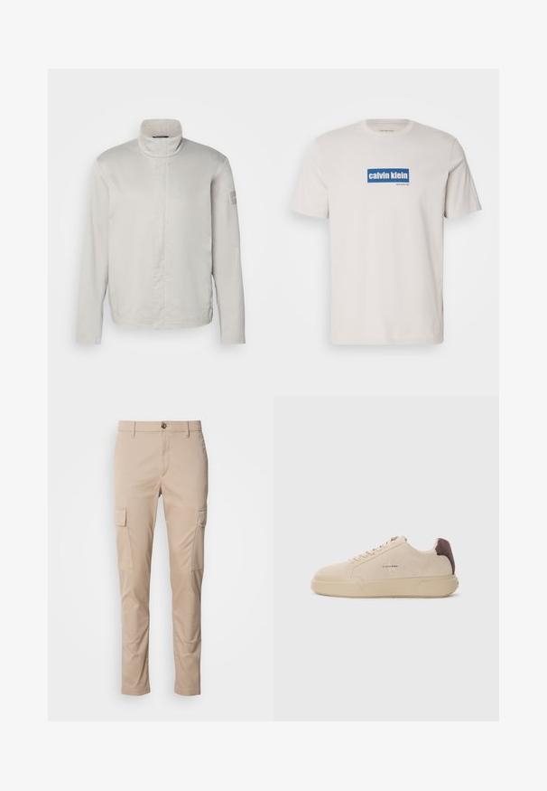 Hellegrauer, langärmeliger Mantel mit hohem Kragen, glatter Textur, Frontverschluss und dezentem Branding am Ärmel. Minimalistisches Design.; Weißes Baumwoll-T-Shirt mit einem blauen rechteckigen Logo, auf dem "calvin klein" und "new york city" in weißem Text auf der Vorderseite steht. Klassische Passform.; Beige Cargo-Hosen mit zwei seitlichen Taschen, slim fit, aus leichtem Stoff, mit einem Knopfverschluss vorne und Gürtelschlaufen.; Beige Wildleder-Sneaker mit runder Spitze, Schnürung vorne und einem braunen Wildlederakzent an der Ferse. Verfügt über eine strukturierte Gummisohle.