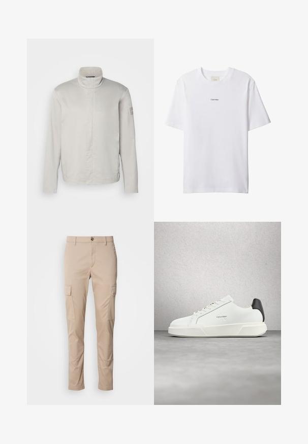 Lys grå, langærmet jakke med høj krave, glat tekstur, lukning foran og subtil branding på ærmet. Minimalistisk design.; Hvid bomuld t-shirt med rund hals og korte ærmer. Har en lille sort "Calvin Klein"-logo centreret på brystet.; Beige cargo bukser med to sidelommer, slim fit, lavet af letvægtsstof, med en frontknaplukning og bæltesløjfer.; Hvide sneakers med en glat læderoverdel, flade snørebånd og en forhøjet hvid sål. Har en sort detalje ved hælen og et præget logo.