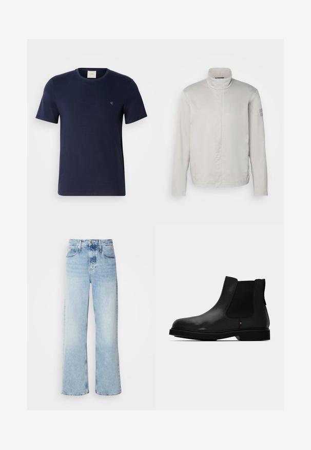 Lichtgrijze, lange mouwen jas met hoge kraag, gladde textuur, sluiting aan de voorkant en subtiele branding op de mouw. Minimalistisch ontwerp.; Marineblauwe katoenen T-shirt met een ronde hals, korte mouwen en een klein geborduurd logo op de linkerkant van de borst. Soepele textuur en klassieke pasvorm.; Lichtblauwe wijde jeans met een hoge taille, met een vervaagde afwerking, riemlussen en een klassieke vijf-pocketdesign. De zoom is ruig.; Zwarte leren Chelsea-laars met elastische zijpanelen, ronde neus en gestructureerd bovenwerk. Voorzien van een platte rubberen zool en subtiele merkdetails.