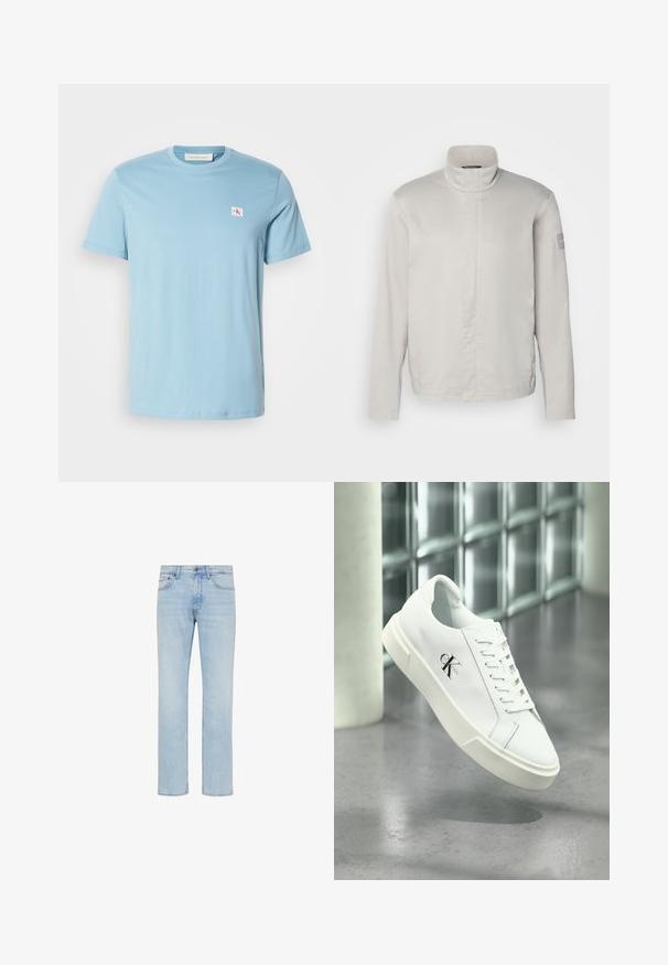 Lys grå, langærmet jakke med høj krave, glat tekstur, lukning foran og subtil branding på ærmet. Minimalistisk design.; Lysblå bomulds T-shirt med korte ærmer, rund halsudskæring og lille logo patch på venstre bryst. Glat tekstur og simplistisk design.; Lyseblå straight-leg jeans i denim med forreste knap, lynlås og design med fem lommer vist på hvid baggrund.; Hvid Calvin Klein sneaker med snørebånd, vist svævende over en poleret betongulv og en baggrund af glasblokke.