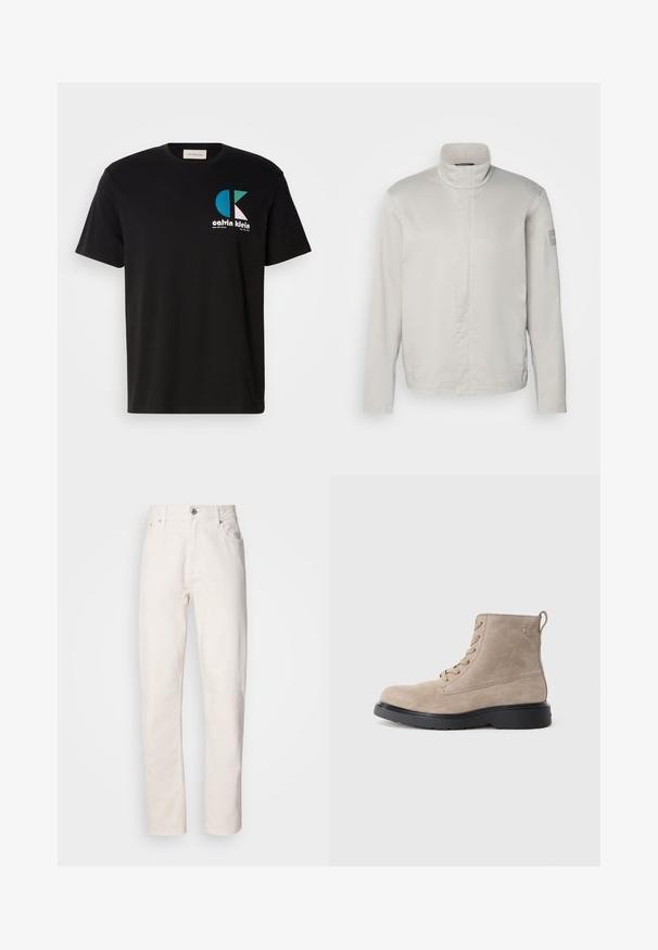 Lichtgrijze, lange mouwen jas met hoge kraag, gladde textuur, sluiting aan de voorkant en subtiele branding op de mouw. Minimalistisch ontwerp.; Zwarte katoenen t-shirt met een grafisch ontwerp met het logo "calvin klein" in wit, teal en roze. Ronde halslijn en korte mouwen.; Spijkerbroek van wit denim met rechte pijpen, knoop- en ritsluiting, riemlussen en voor- en achterzakken, weergegeven op een effen achtergrond.; Beige suède enkellaarsjes met zwarte rubberen zool, vetersluiting en een klein logo dat aan de zijkant is gedrukt, voorzien van een trekloop aan de achterkant.
