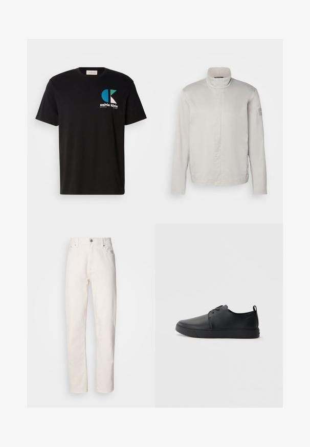 Helehall, pika varrukaga jakk kõrge kraega, sile tekstuur, esine sulgemine ja peene bränding varrukal. Minimalistlik disain.; Must musta T-särk, millel on graafiline disain, kus on valgete, teal- ja roosade toonide „Calvin Klein” logo. Ümmargune kaelus ja lühikesed varrukad.; Sirgeda valgedest denimist püksid, millel on nupuga ja lukuga kinnitajad, vööreak ja ees- ning tagaosal taskud, esitlemine lihtsal taustal.; Mustaläik nahast spordijalatsid siledaga viimistlusega, ümarate varvastega, sama tooni õmblustega, nööbid ees, ja lamedate kummist tallaga. Kannas aas.