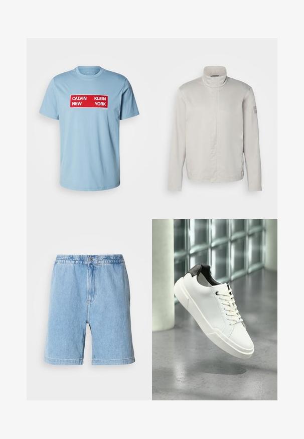 Svetlošedá, dlhá bunda s dlhým rukávom a vysokým golierom, hladká textúra, predné zapínanie a decentné logo na rukáve. Minimalistický dizajn.; Calvin Klein Jeans BOX GRAPHIC TEE - Tričko s potlačou - smoke blue; Svetlomodré denim šortky s elastickým pásom, predným zapínaním na gombík, bočnými vreckami a rovný strih. Dĺžka po strednú časť stehien.; Biela nízka teniska s čiernou textúrovanou pätkou, bielymi šnúrkami a hrubou podrážkou na leštenej betónovej podlahe pri sklenených blokoch.