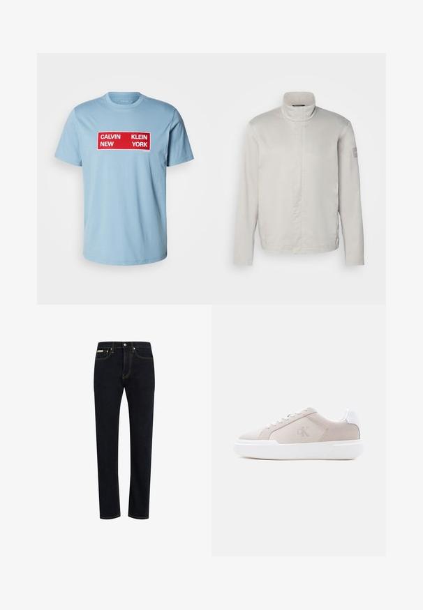 Helehall, pika varrukaga jakk kõrge kraega, sile tekstuur, esine sulgemine ja peene bränding varrukal. Minimalistlik disain.; Calvin Klein Jeans BOX GRAPHIC TEE - Trükipildiga T-särk - smoke blue; Tumed sinised teksad sirge lõikega, nähtavad kontrastsete oranžide õmblustega ja klassikaline viie taskuga disain.; Beež madala lõikega toss, valge paksu tallaga, paelte ja kannatabiga, külgmisel plaadil on peen "cK" logo.