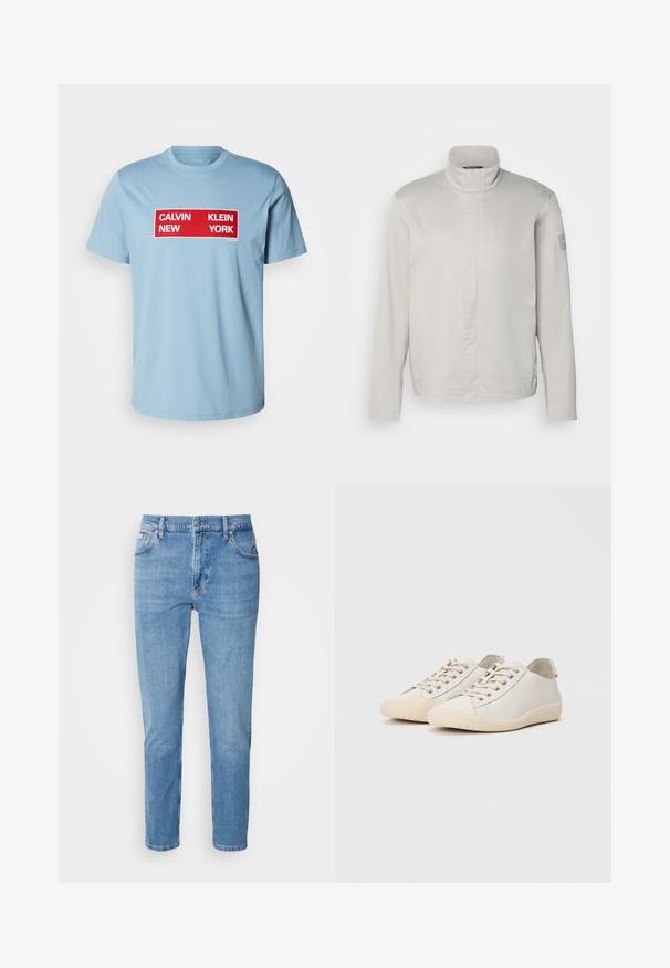 Svetlošedá, dlhá bunda s dlhým rukávom a vysokým golierom, hladká textúra, predné zapínanie a decentné logo na rukáve. Minimalistický dizajn.; Calvin Klein Jeans BOX GRAPHIC TEE - Tričko s potlačou - smoke blue; Svetlomodré džínsy s rovný strih, dizajn s piatimi vreckami a jemným vyblednutím. Obsahujú zapínanie na gombík a pútka na opasok.; Biele tenisky vyrobené z hladkej kože s tónovým švom, šnurovaním, zaoblenou špičkou a textúrovanou gumovou podrážkou.