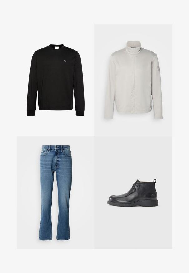 Lys grå, langærmet jakke med høj krave, glat tekstur, lukning foran og subtil branding på ærmet. Minimalistisk design.; Sort langærmet crewneck-shirt med lille hvidt "cK" logo på venstre bryst og ribstrikkede manchetter.; Lyseblå denim jeans med lige pasform og let flare. Har fem lommer, knaplukning og subtile slidte detaljer.; Sorte læder ankelstøvler med rund tå, snørelukning og en løkke bagpå. Tekstureret overdel og gummisål.