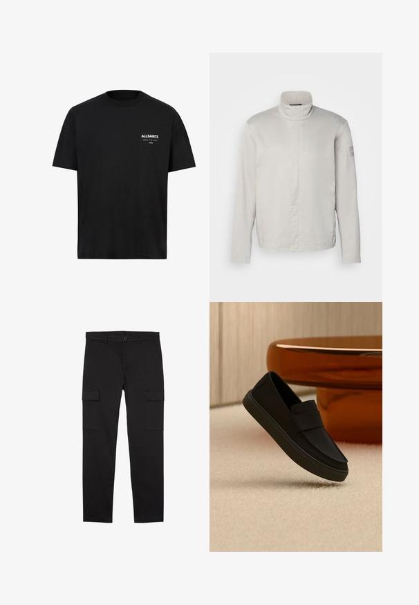 Lichtgrijze, lange mouwen jas met hoge kraag, gladde textuur, sluiting aan de voorkant en subtiele branding op de mouw. Minimalistisch ontwerp.; Zwarte katoen T-shirt met korte mouwen en een ronde hals. Bevat witte tekst "ALLSAINTS" en "LONDEN" op de linkerborst.; Zwarte cargo broek met rechte pijpen, zij-flappenzakken, knoop aan de voorkant, riemlussen en een strak, minimalistisch ontwerp.; Zwarte instaploafer die boven een beige tapijt zweeft, met glanzend bruin ronde meubels op de achtergrond.