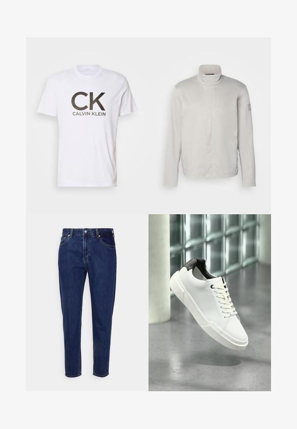 Lichtgrijze, lange mouwen jas met hoge kraag, gladde textuur, sluiting aan de voorkant en subtiele branding op de mouw. Minimalistisch ontwerp.; Witte katoenen t-shirt met een groot zwart "CK" logo en "CALVIN KLEIN" tekst eronder. Klassieke ronde hals en korte mouwen.; Donkerblauwe straight-leg spijkerbroek met knoop- en ritssluiting aan de voorkant, riemlussen, en voor- en achterzakken.; Witte lage sneaker met zwarte, gestructureerde hielkap, witte veters en dikke zool op een gepolijste betonnen vloer nabij glazen blokken.