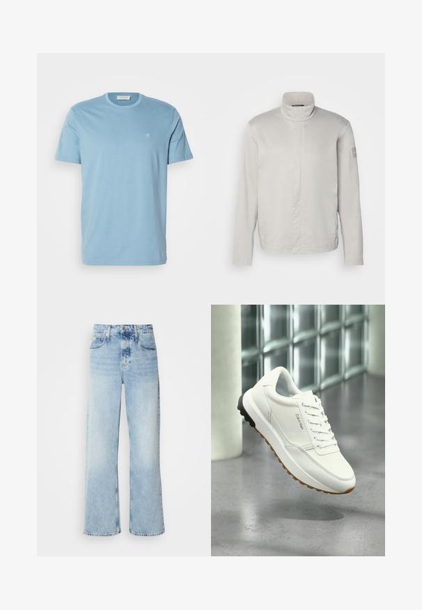 Chaqueta de manga larga gris claro con cuello alto, textura suave, cierre frontal y un sutil logo en la manga. Diseño minimalista.; Camiseta de algodón azul claro con cuello redondo, mangas cortas y un pequeño logotipo blanco en el pecho. Textura suave, diseño sencillo.; Vaqueros de pierna ancha en azul claro con una alta cintura, que presentan un acabado desgastado, cinturillas y un clásico diseño de cinco bolsillos. El dobladillo es sin acabar.; Zapatilla blanca de Calvin Klein con cierre de cordones en la parte delantera y suela de goma negra y color goma, exhibida en un ambiente interior moderno con bloques de vidrio.