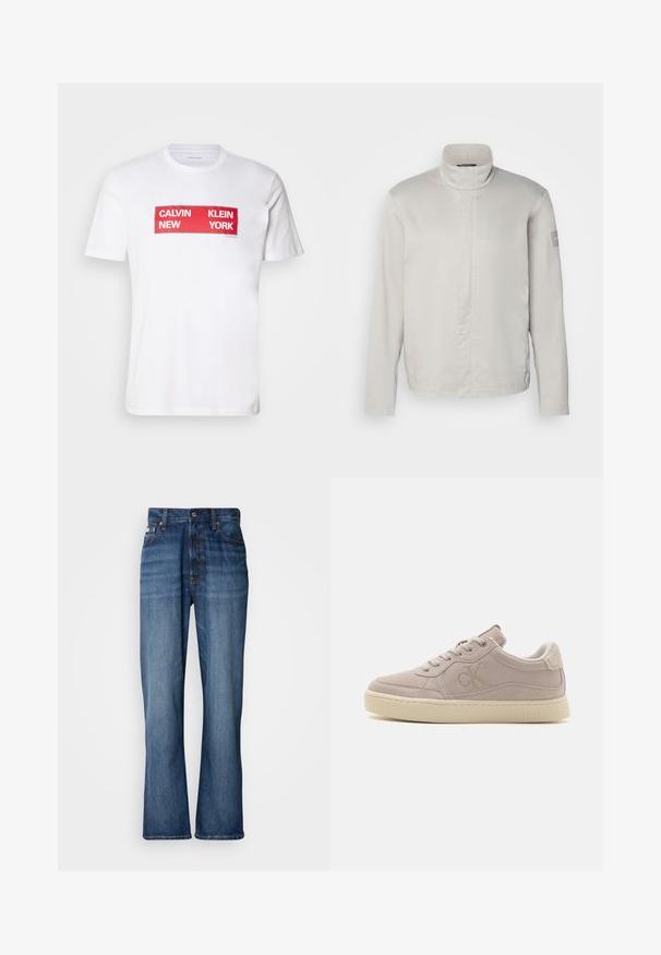 Chaqueta de manga larga gris claro con cuello alto, textura suave, cierre frontal y un sutil logo en la manga. Diseño minimalista.; Camiseta de algodón blanca con un audaz texto gráfico rectangular rojo: "CALVIN NEW KLEIN YORK." Con mangas cortas y un diseño de cuello redondo.; Jeans de mezclilla azul con cintura alta, piernas acampanadas, diseño de cinco bolsillos y costuras tonales. Cuenta con cierre de botón y bolsillos remachados.; Calvin Klein Jeans CLASSIC CUPSOLE ICONIC - Zapatillas - eggshell creamy white