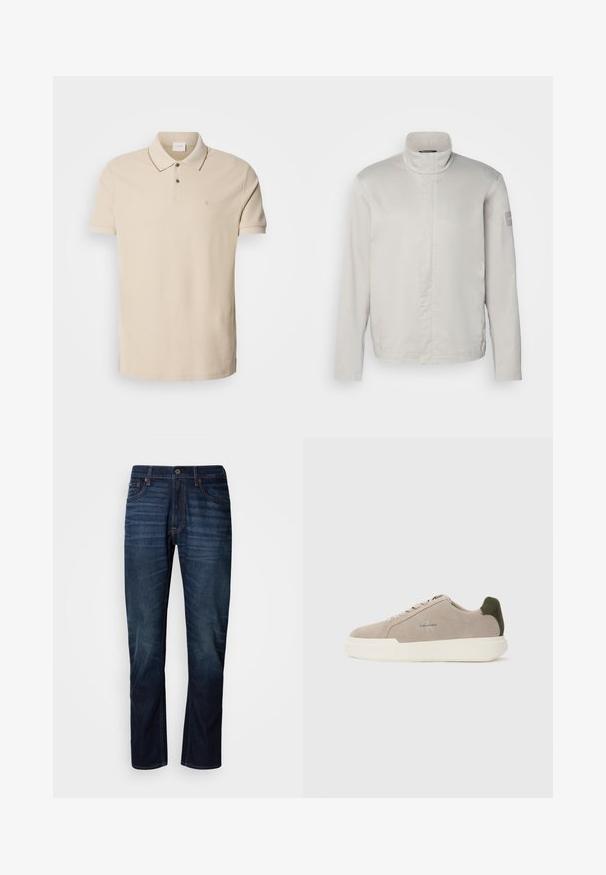 Lichtgrijze, lange mouwen jas met hoge kraag, gladde textuur, sluiting aan de voorkant en subtiele branding op de mouw. Minimalistisch ontwerp.; Beige polo shirt gemaakt van katoen, met een placket met twee knopen, korte mouwen en een klein logo op de borst. Contrasterende stiksel details.; Donkerblauwe rechtse jeans met vervaagde horizontale lijnen op de dijen, een sluiting met voorknop en een klassieke vijf-pocketontwerp.; Beige suède sneakers met een witte rubberen zool, voorzien van een donkergroene hielaccent en subtiele branding aan de zijkant.